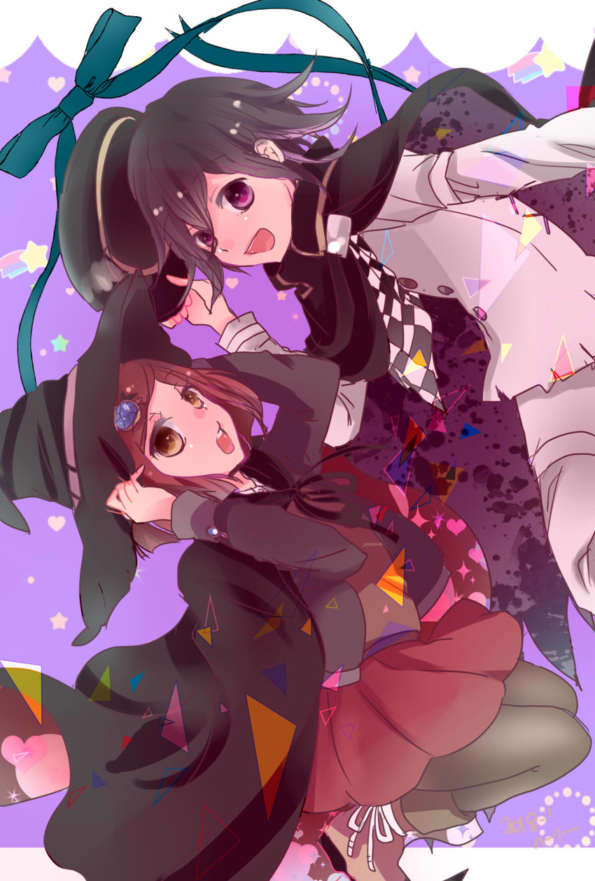 1girl black_hair black_legwear boots brown_eyes brown_footwear cape checkered checkered_scarf commentary_request danganronpa hair_ornament hairclip harry_(arupaka84) hat headwear_removed highres holding holding_hat looking_at_viewer new_danganronpa_v3 ouma_kokichi pantyhose peaked_cap pleated_skirt purple_eyes red_hair red_skirt scarf school_uniform short_hair skirt smile witch_hat yumeno_himiko