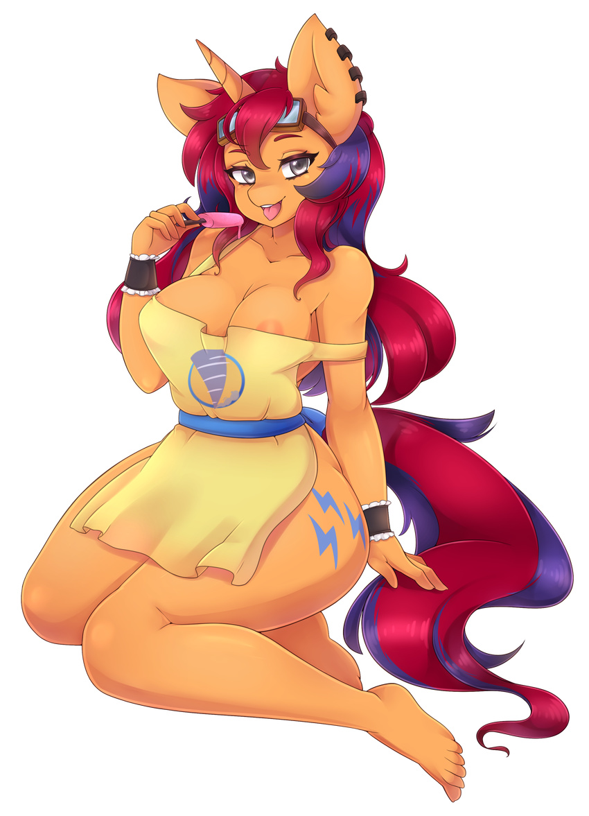 2016 absurd_res alpha_channel anthro areola bare_shoulder barefoot breasts clothed clothing cutie_mark dessert ear_piercing equine eyewear fan_character feet female food goggles hair hi_res horn humanoid_feet ice_cream long_hair looking_at_viewer mammal multicolored_hair multicolored_tail my_little_pony nipple_slip off_shoulder piercing simple_background solo sweet_voltage thescarletdevil tongue tongue_out transparent_background two_tone_hair unicorn