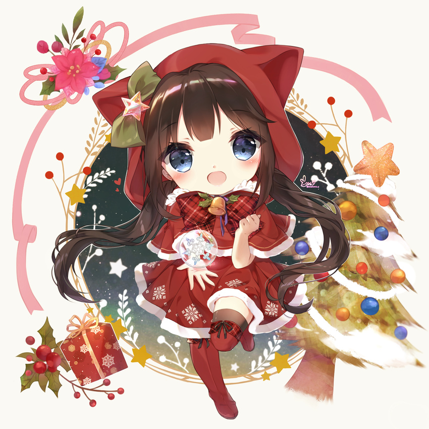 :d animal_ears animal_hood bangs black_legwear blue_eyes blush boots box brown_hair capelet cat_ears cat_hood christmas christmas_ornaments christmas_tree commentary danby_merong dress eyebrows_visible_through_hair flower fur-trimmed_capelet fur-trimmed_dress fur_trim gift gift_box head_tilt highres holly hood hooded_capelet looking_at_viewer open_mouth orb original outstretched_arm pink_flower red_capelet red_dress red_footwear smile snowflakes solo standing standing_on_one_leg star thigh_boots thighhighs thighhighs_under_boots