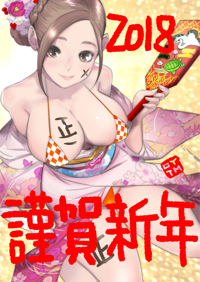 2018 bikini bikini_under_clothes body_writing breasts brown_eyes brown_hair cleavage dytm hagoita hair_ornament highres japanese_clothes kimono large_breasts looking_at_viewer new_year off_shoulder original paddle pool_monitor_part-timer_(dytm) smile solo swimsuit tally