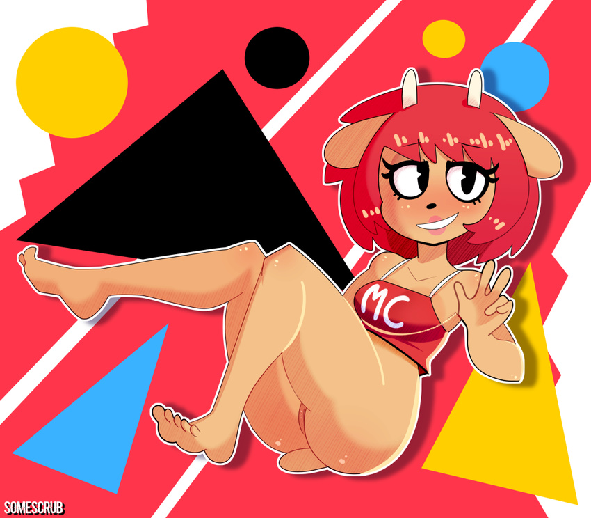 2017 anthro bottomless caprine clothed clothing detailed_background female hair lammy_lamb mammal parappa_the_rapper pussy red_hair sheep shirt smile solo somescrub um_jammer_lammy video_games