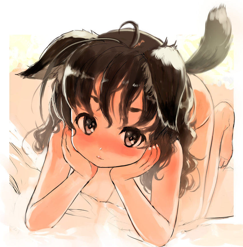ahoge all_fours animal_ears blush brown_eyes brown_hair chin_rest commentary_request dog_ears dog_tail highres long_hair looking_at_viewer nude original sasahara_yuuki solo tail