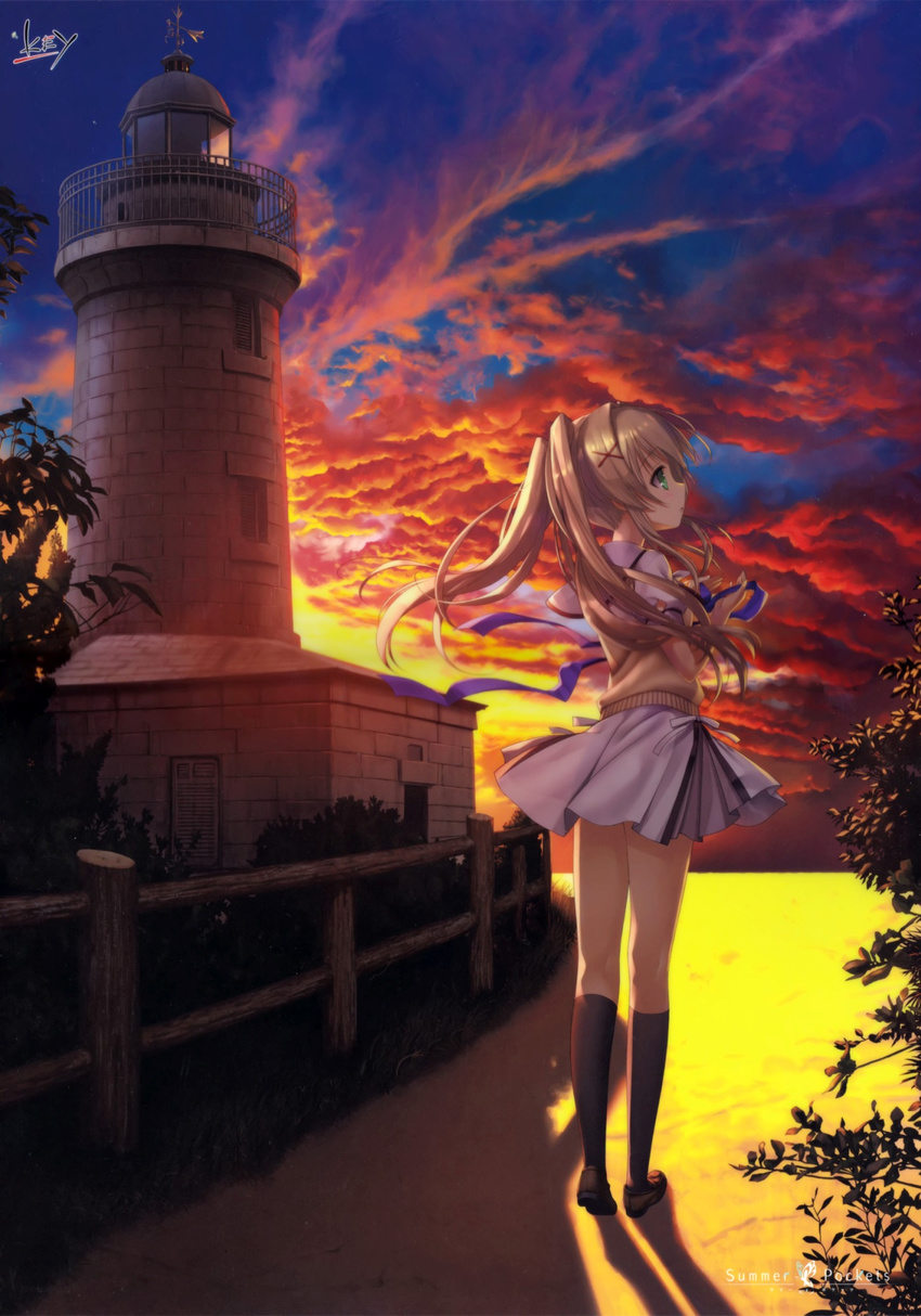 black_legwear blonde_hair brown_footwear bug building butterfly cloud copyright_name fence from_behind green_eyes hair_ornament highres holding insect key_(company) kneehighs light_brown_hair lighthouse loafers long_hair looking_afar miniskirt nagayama_yuunon official_art outdoors plant ribbon scenery school_uniform serafuku shadow shoes short_sleeves skirt sky solo source_request standing summer_pockets sunlight sunset sweater_vest tsumugi_wenders twintails weather_vane wind wooden_fence x_hair_ornament