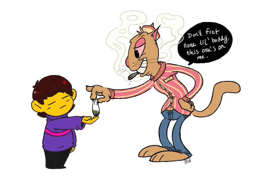 ambiguous_gender burgerpants clothed clothing dialogue drugs duo feline foxdraft fully_clothed fur hair half-closed_eyes hat human humor larger_anthro larger_male male mammal marijuana protagonist_(undertale) simple_background size_difference smaller_human smoke standing teeth undertale video_games what