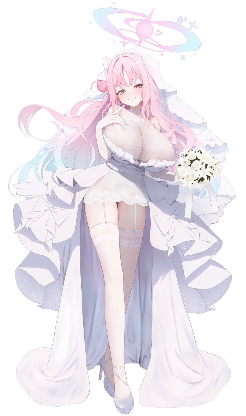 1girl angel_wings bare_shoulders blue_archive blush bouquet bow breasts commentary crescent crescent_earrings dress earrings elbow_gloves feathered_wings flower full_body garter_belt gloves gradient_hair grin hair_bow hair_bun halo high_heels highres holding holding_bouquet huge_breasts jewelry long_hair looking_at_viewer low_wings mika_(blue_archive) multicolored_hair pink_hair pink_halo pink_lips saki_(saki_paint) shoes simple_background single_side_bun smile solo thighhighs thighs two-tone_hair veil white_background white_bow white_dress white_flower white_garter_belt white_gloves white_shoes white_thighhighs white_veil white_wings wings yellow_eyes