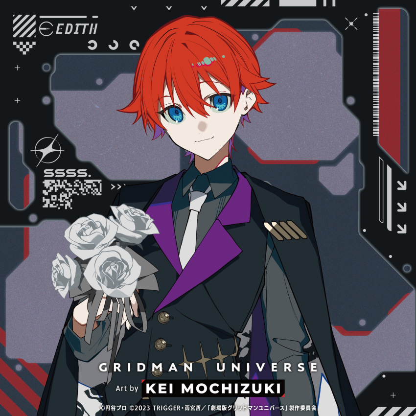 1boy absurdres black_suit blue_eyes bouquet closed_mouth clothes_on_shoulders collared_shirt flower formal_clothes gridman_universe gridman_universe_(movie) hibiki_yuuta highres holding jacket jacket_on_shoulders long_sleeves looking_at_viewer mochizuki_kei necktie official_art red_hair shirt short_hair suit suit_jacket upper_body vest white_flower