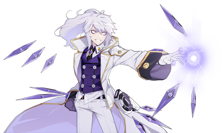 absurdres add_(elsword) black_neckwear cowboy_shot crazy_eyes electricity elsword gloves grin hand_in_pocket highres hwansang long_hair looking_to_the_side male_focus mastermind_(elsword) necktie official_art pants ponytail purple_eyes purple_shirt shirt smile solo transparent_background white_coat white_gloves white_hair white_pants wide-eyed