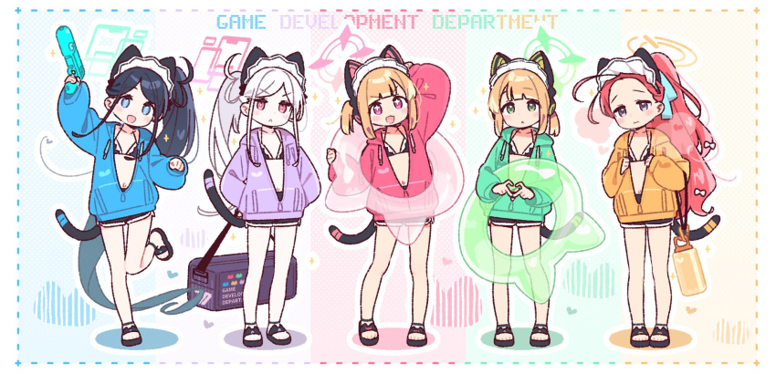 +_+ 5girls absurdly_long_hair animal_ear_headphones animal_ears antenna_hair aqua_halo aris_(blue_archive) aris_(maid)_(blue_archive) arm_behind_head arm_up bag bikini black_bikini black_hair blonde_hair blue_archive blue_background blue_eyes blue_jacket blunt_bangs blush bottle cat_ear_headphones cat_ears cat_tail closed_mouth commentary dolphin_shorts duffel_bag english_text fake_animal_ears fake_tail flat_chest forehead frilled_bikini frills full_body game_development_department_(blue_archive) green_background green_eyes green_halo green_jacket hair_ornament half_updo halo hands_in_pocket headphones heart heart_hands high_ponytail highres holding holding_bottle holding_swim_ring hood hood_down hoodie innertube jacket kei_(blue_archive) kei_(student)_(blue_archive) long_hair long_sidelocks looking_at_viewer loosely_tucked_bangs maid maid_bikini maid_headdress medium_hair midori_(blue_archive) momoi_(blue_archive) multiple_girls navel one_side_up open_clothes open_jacket open_mouth orange_background orange_halo orange_jacket pink_background pink_eyes pink_halo pink_jacket ponytail power_symbol purple_eyes purple_jacket rectangular_halo red_hair ringed_eyes sandals shorts siblings sidelocks sisters smile swim_ring swimsuit tail transparent_innertube twins unconventional_maid very_long_hair very_long_sidelocks water_bottle water_gun wavy_mouth white_hair yoru_nai yuzu_(blue_archive)