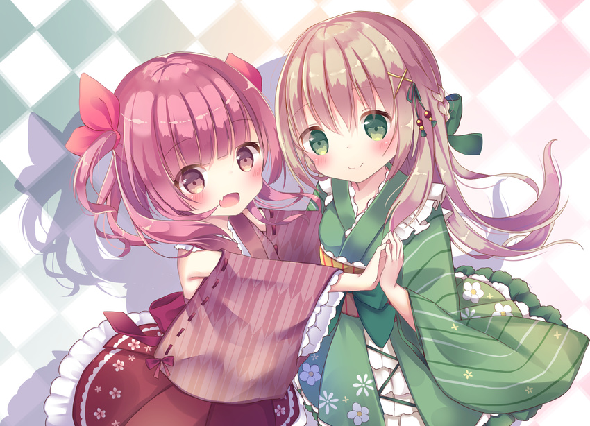 :d bad_id bad_pixiv_id bangs blush bow braid closed_mouth commentary_request detached_sleeves eyebrows_visible_through_hair fang floral_print green_bow green_eyes green_kimono green_skirt hair_between_eyes hair_bow hair_ornament hair_ribbon hands_together head_tilt highres japanese_clothes kimono light_brown_hair long_sleeves looking_at_viewer multiple_girls open_mouth original pink_kimono pleated_skirt print_kimono print_skirt red_hair red_ribbon red_skirt ribbon short_kimono skirt smile tsuruse two_side_up wide_sleeves x_hair_ornament yagasuri
