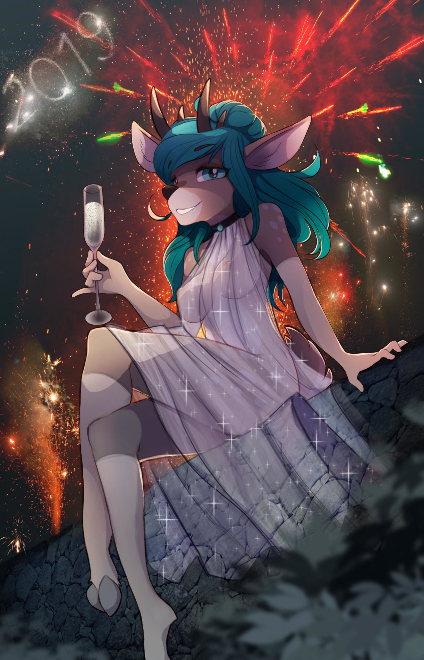 &lt;3 2019 absurd_res anthro antlers areola blue_eyes blue_hair breasts cervine clothing danae_(character) dress female hair hi_res holidays horn mammal new_year nipples pink_areola pink_nipples reindeer sheer_clothing sitting solo translucent transparent_clothing zero-sum