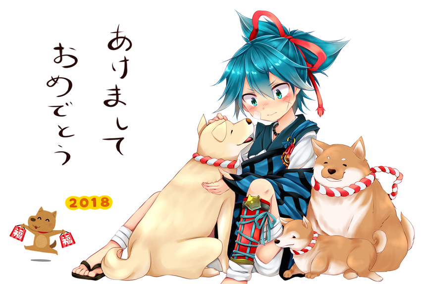 2018 akeome blue_eyes blue_hair blush chikuwa_savi chinese_zodiac dog happy_new_year japanese_clothes male_focus new_year ponytail sayo_samonji shorts sitting touken_ranbu translated year_of_the_dog