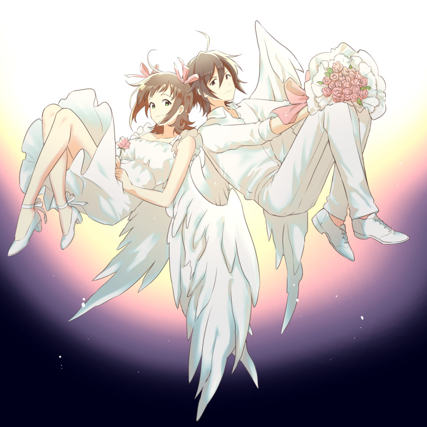 1boy 1girl ahoge amagase_touma amami_haruka angel angel_wings bouquet bow brown_hair closed_mouth collared_shirt commentary_request dress feathered_wings flower green_eyes hair_bow highres holding holding_bouquet idolmaster idolmaster_(classic) idolmaster_side-m light_smile looking_at_viewer mintpmintp no_socks pants pink_bow pink_flower pink_rose rose shirt shoes short_hair white_dress white_pants white_shirt white_shoes white_wings wings