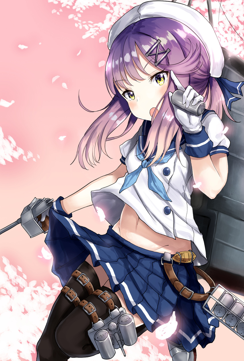 belt beret black_legwear blush cherry_blossoms commentary_request depth_charge depth_charge_projector gloves gun hadron9 hair_ornament hat highres kantai_collection looking_at_viewer navel open_mouth petals pleated_skirt purple_hair rigging school_uniform serafuku skirt solo thighhighs tsushima_(kantai_collection) turret weapon yellow_eyes