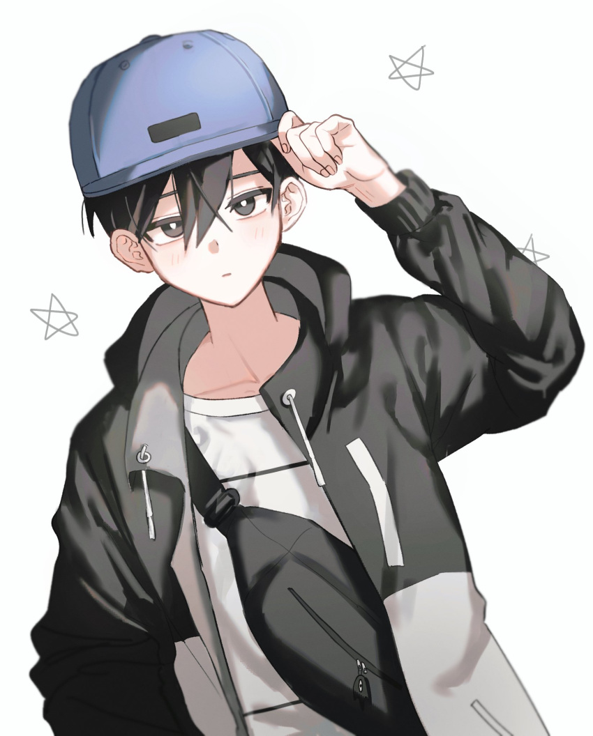 1boy alternate_costume baseball_cap black_eyes black_hair black_jacket blue_hat bright_pupils closed_mouth collarbone commentary_request double-parted_bangs expressionless fanny_pack hair_between_eyes hat highres jacket jooee4124 long_sleeves looking_at_viewer male_focus omori open_clothes open_jacket shirt short_hair solo sunny_(omori) white_background white_pupils white_shirt