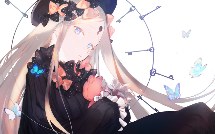 abigail_williams_(fate/grand_order) bangs black_bow black_dress black_hat blonde_hair blue_eyes bow bug butterfly commentary_request dress fate/grand_order fate_(series) frilled_sleeves frills hair_bow hat insect keyhole long_hair looking_at_viewer orange_bow parted_bangs parted_lips polka_dot polka_dot_bow ribbed_dress sitting sleeves_past_wrists solo stuffed_animal stuffed_toy tears teddy_bear yaku_(ziroken)