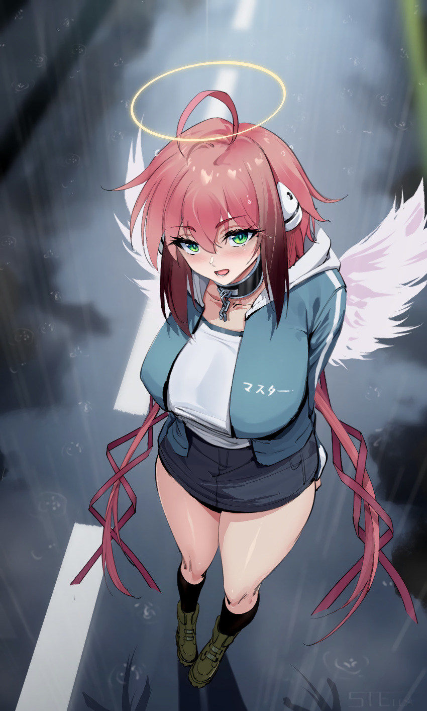 1girl absurdres ahoge angel angel_wings arms_behind_back blue_jacket blush breasts broken broken_chain chain chain_leash collar commentary_request denim denim_skirt feathered_wings from_above full_body green_eyes hair_between_eyes halo highres ikamochi_kalong ikaros jacket large_breasts leash long_hair looking_at_viewer metal_collar miniskirt open_clothes open_jacket open_mouth outdoors pink_hair pink_wings rain ribbon robot_ears skirt socks solo sora_no_otoshimono thighs twintails very_long_hair wet wet_hair wings