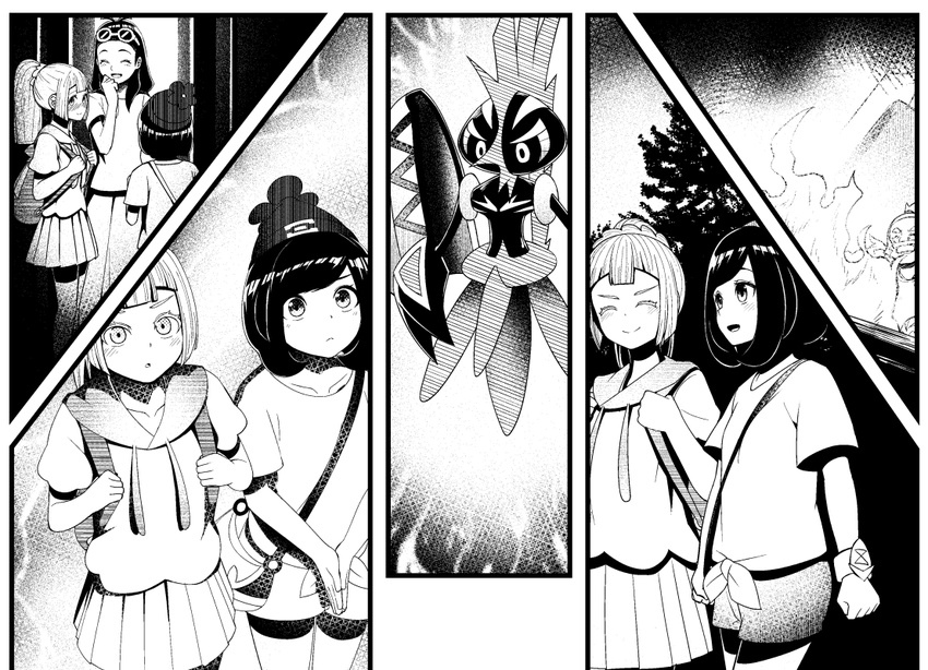 3girls backpack bad_id bad_pixiv_id bag beanie blush closed_eyes eyewear_on_head fire from_behind gen_7_pokemon greyscale hala_(pokemon) handbag hat island_kahuna lillie_(pokemon) long_hair mizuki_(pokemon) monochrome mother_(pokemon) multiple_girls notori_d open_mouth pokemon pokemon_(creature) pokemon_(game) pokemon_sm ponytail shirt short_hair short_sleeves shorts skirt smile sunglasses tapu_koko tied_shirt z-ring