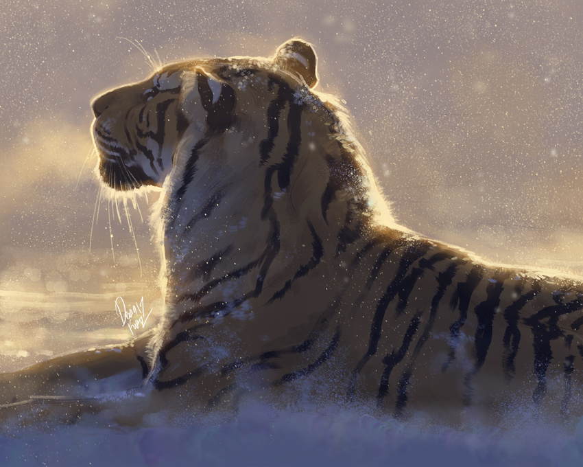 2018 ambiguous_gender detailed_background digital_drawing_(artwork) digital_media_(artwork) feline feral fur lying mammal orange_fur snow solo striped_fur stripes tamberella tiger whiskers