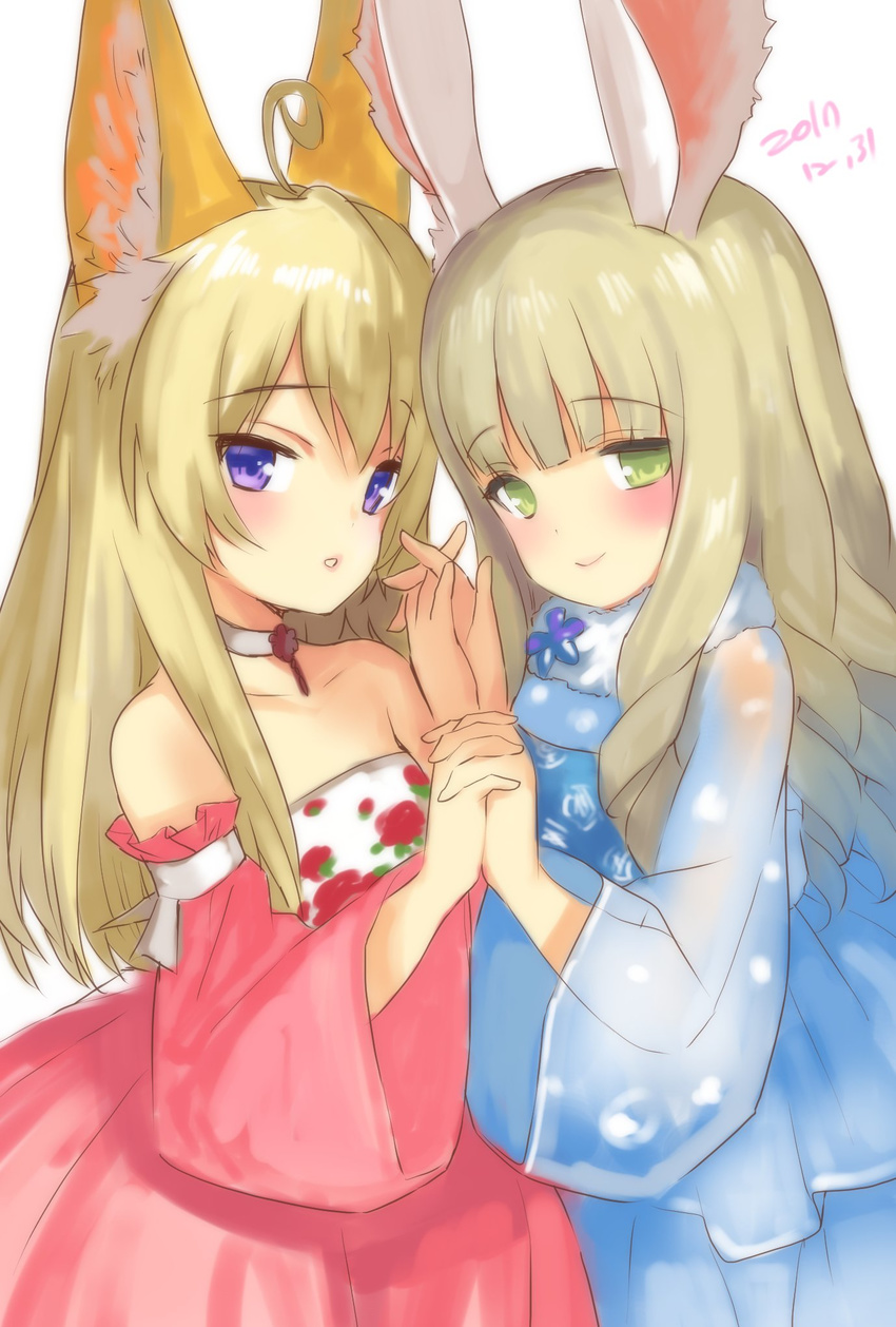 ahoge animal_ears bare_shoulders blonde_hair blue_kimono brown_hair bunny_ears choker commentary_request curly_hair detached_sleeves dog_ears dress elin_(tera) emily_(pure_dream) face-to-face from_side green_eyes highres holding_hands japanese_clothes kimono long_hair looking_at_viewer multiple_girls open_mouth pink_dress purple_eyes smile strapless strapless_dress tera_online upper_body