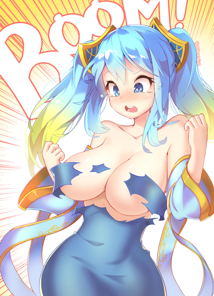 bare_shoulders blue_eyes blue_hair blush breasts bursting_breasts convenient_censoring dress hair_ornament highres large_breasts league_of_legends open_mouth sona_buvelle tears text_focus torn_clothes twintails