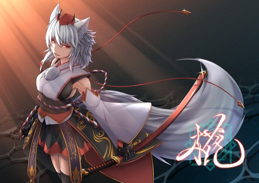 animal_ears armpits bare_shoulders black_legwear black_skirt breasts commentary_request cowboy_shot detached_sleeves hat highres holding holding_sword holding_weapon inubashiri_momiji inyuppo katana large_breasts long_sleeves looking_at_viewer md5_mismatch medium_hair miniskirt parted_lips red_eyes sash sheath sheathed shirt skirt sleeveless sleeveless_shirt sword tail tassel thighhighs tokin_hat touhou translation_request weapon white_hair white_shirt wide_sleeves wolf_ears wolf_tail zettai_ryouiki