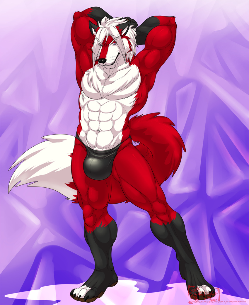 2017 4_toes abs anthro black_nose body_hair bulge canine chest_hair clothed clothing eyebrows fox fur gloves_(marking) hair hands_behind_head hungothenomster looking_at_viewer male mammal markings muscular plantigrade pose purple_background purple_eyes red_fur seductive simple_background smile socks_(marking) solo standing tight_underwear toes topless underwear white_fur white_hair