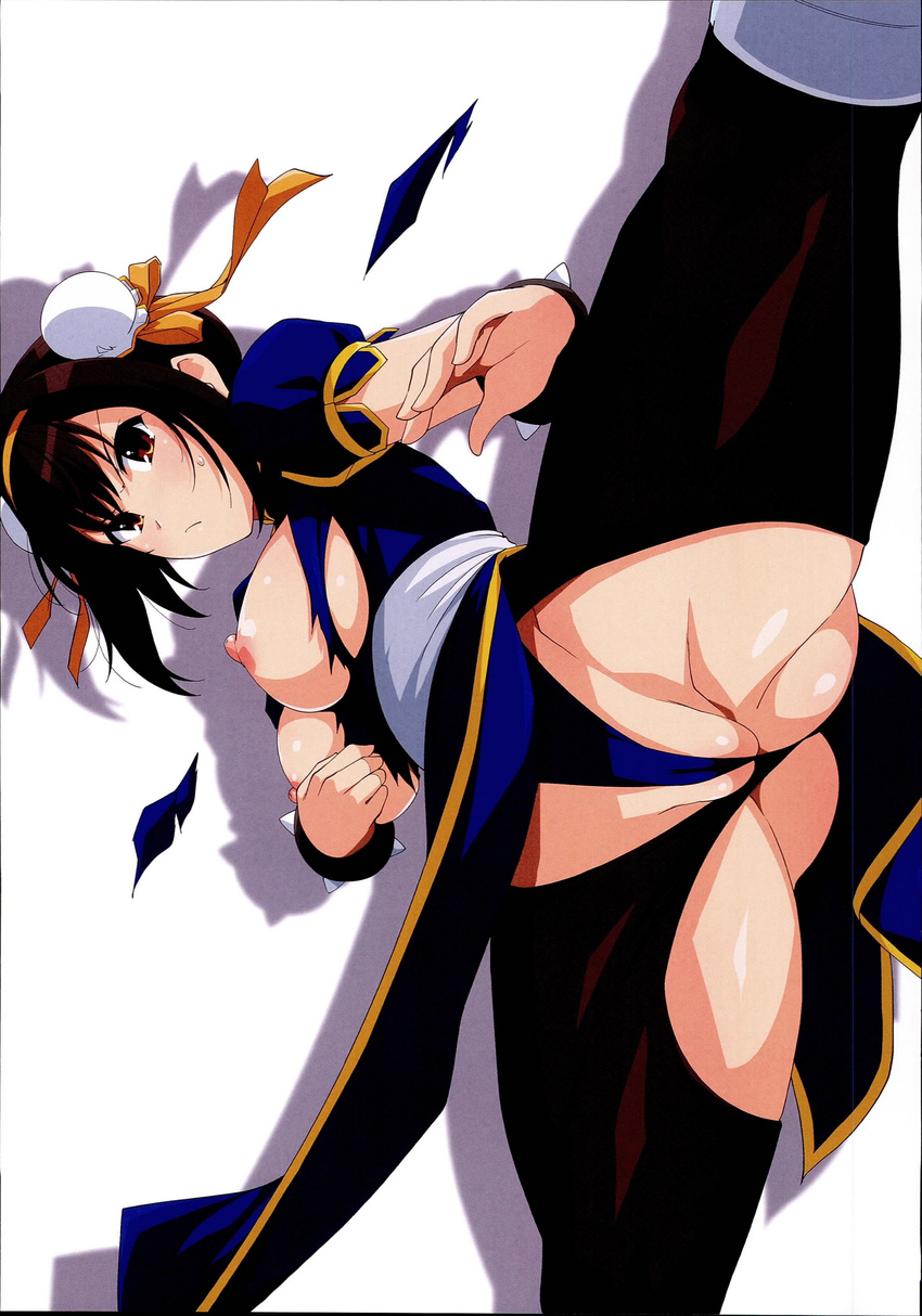 absurdres blush breasts brown_eyes brown_hair bun_cover cameltoe chun-li chun-li_(cosplay) cosplay hair_ornament hair_ribbon haruhisky highres kicking large_breasts leg_lift leotard nipples no_bra non-web_source partially_visible_vulva ribbon simple_background solo spread_legs street_fighter suzumiya_haruhi suzumiya_haruhi_no_yuuutsu sweat torn_clothes white_background