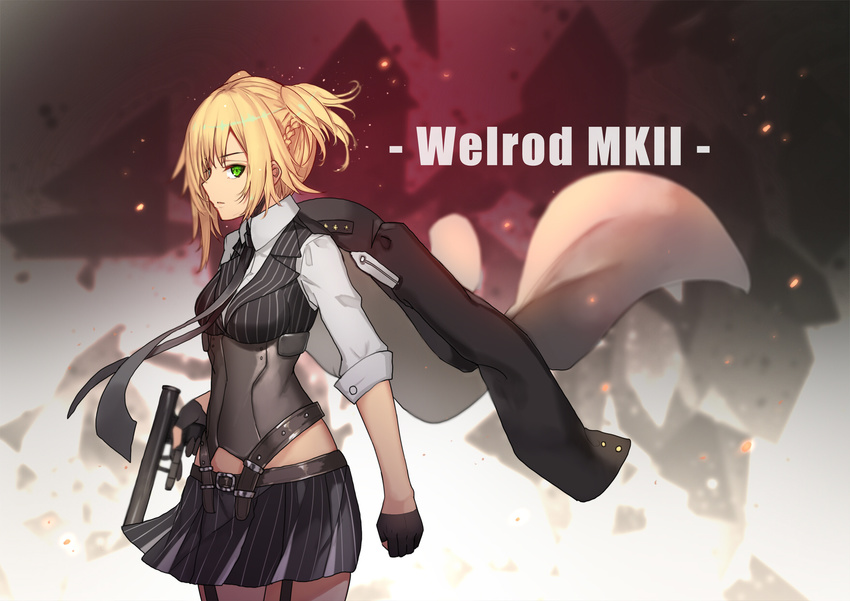 ammunition_pouch arm_at_side bangs belt black_gloves black_neckwear black_skirt blonde_hair braid breasts buckle buttons character_name closed_mouth collared_shirt commentary corset do2mi_doreimi eyebrows_visible_through_hair floating_hair from_side garter_straps girls_frontline gloves green_eyes gun half_gloves handgun highres holding holding_gun holding_weapon holster light_particles looking_at_viewer medium_breasts necktie pistol pleated_skirt pouch shirt short_hair short_twintails sidelocks skindentation skirt sleeves_past_elbows solo strap striped_vest thigh_holster thigh_strap thighs trigger_discipline twintails vest weapon welrod_mk2 welrod_mk2_(girls_frontline) white_shirt wind wind_lift