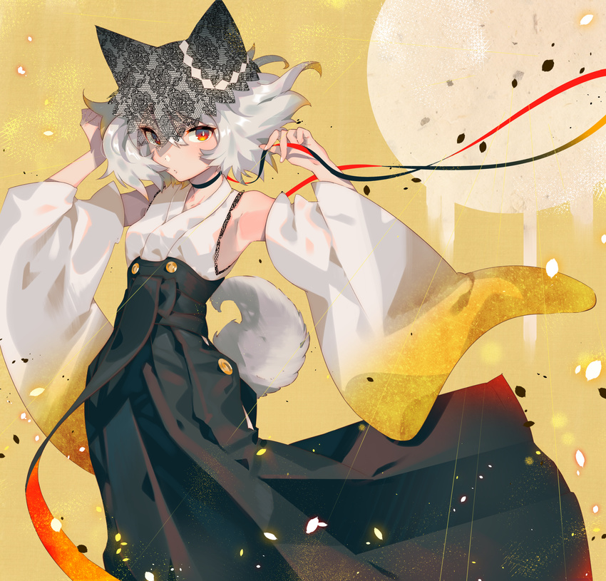 adjusting_hair animal_ears armpits arms_up arutera banned_artist bare_shoulders black_choker black_hakama black_hat blush bright_pupils choker detached_sleeves dog_ears dog_tail floral_print glowing hair_between_eyes hakama hand_in_hair hat highres holding holding_ribbon japanese_clothes kimono long_sleeves looking_at_viewer original parted_lips petals print_hat red_eyes ribbon short_hair silver_hair solo standing sun tail unmoving_pattern white_kimono wide_sleeves yellow_background