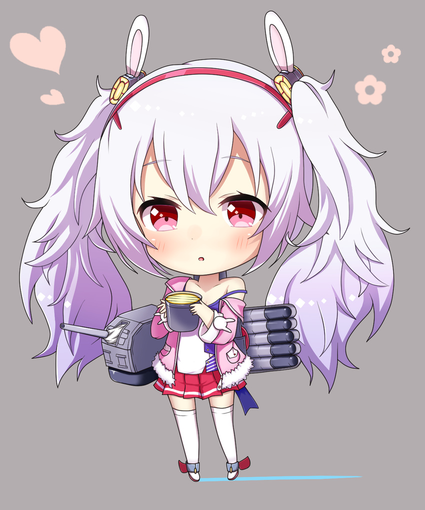 :o animal_ears azur_lane bad_id bad_pixiv_id bangs blush bunny_ears camisole cannon chibi commentary_request eyebrows_visible_through_hair full_body fur-trimmed_jacket fur_trim grey_background hair_between_eyes hair_ornament hairband heart highres holding jacket kyuujou_komachi laffey_(azur_lane) long_hair long_sleeves off_shoulder parted_lips pink_jacket pleated_skirt red_eyes red_footwear red_hairband red_skirt searchlight silver_hair skirt solo standing strap_slip thighhighs torpedo turret twintails very_long_hair white_camisole white_legwear