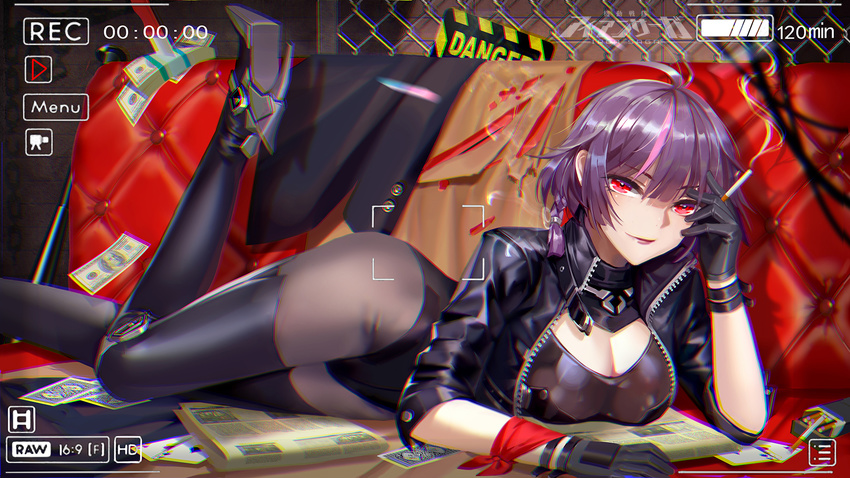 ahoge bangs baseball_bat black_footwear black_gloves black_jacket black_legwear black_leotard blunt_bangs boots braid breasts card chain-link_fence cigarette cigarette_box cleavage closed_mouth couch cropped_jacket fence gloves high_heel_boots high_heels highres holding holding_cigarette iron_saga jacket knife leg_up leotard lips looking_at_viewer lying medium_breasts money multicolored_hair nagase_aya_(iron_saga) official_art on_couch on_stomach pantyhose paper pink_hair playing_card purple_hair red_ribbon ribbon short_hair sign sleeves_past_elbows smile smoke solo streaked_hair thigh_boots thighhighs tsurime two-tone_hair unzipped viewfinder warning_sign wrist_ribbon wristband zipper zjsstc