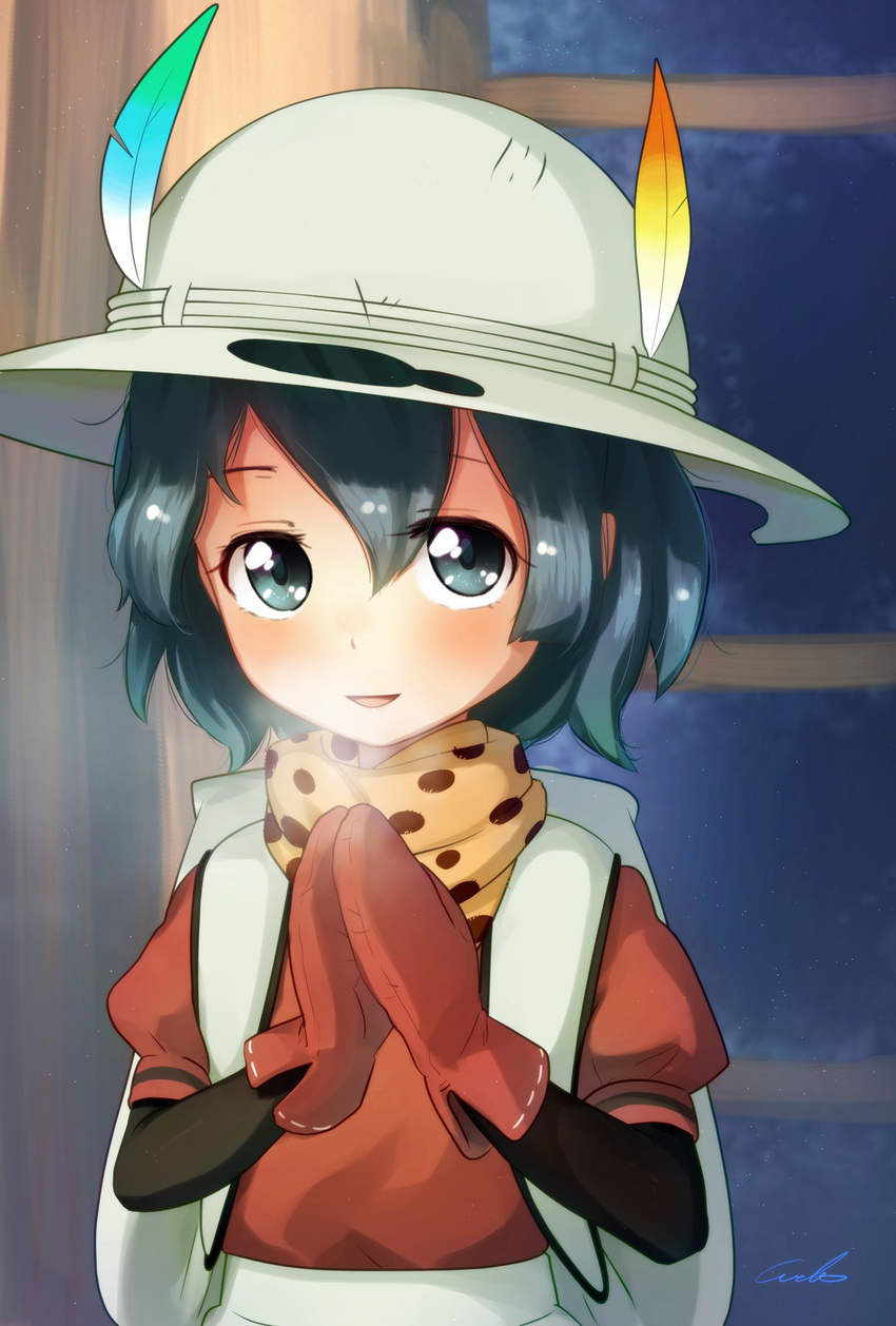 backpack bag black_eyes black_hair breath commentary_request hat hat_feather helmet highres kaban_(kemono_friends) kemono_friends looking_at_viewer mittens open_mouth pith_helmet puffy_short_sleeves puffy_sleeves red_shirt scarf serval_print shirt short_hair short_sleeves signature smile solo upper_body welt_(kinsei_koutenkyoku)