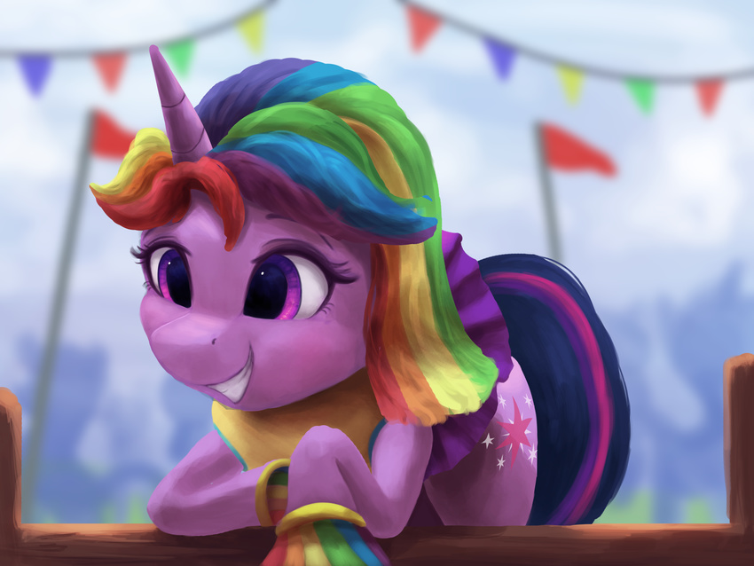 2018 absurd_res blurred_background cheerleader clothing cute cutie_mark equine eyebrows eyelashes female fence friendship_is_magic hair hi_res horn leaning leaning_forward makeup mammal mascara multicolored_hair my_little_pony open_mouth pom_poms portrait purple_eyes rainbow_hair smile solo teeth twilight_sparkle_(mlp) unicorn vanillaghosties wig
