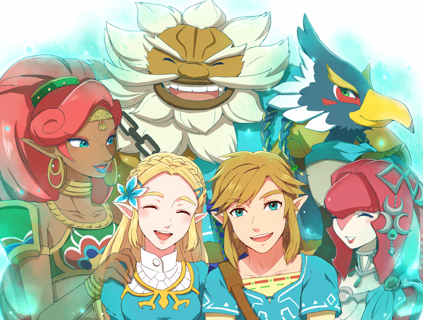 artist_request blonde_hair blush closed_eyes dark_skin daruk earrings flower gerudo goron green_eyes hair_flower hair_ornament jewelry link lipstick long_hair makeup mipha pointy_ears princess_zelda red_hair revali rito spirit the_legend_of_zelda the_legend_of_zelda:_breath_of_the_wild urbosa zora