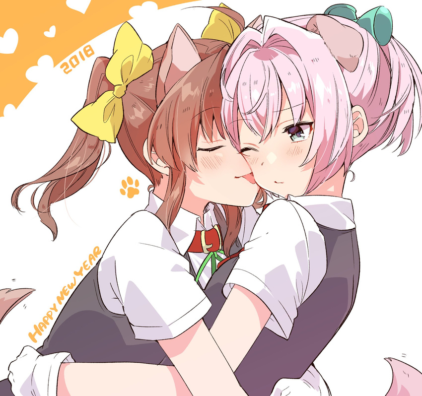 2girls animal_ears black_vest blush bow brown_hair chinese_zodiac closed_eyes closed_mouth collar collared_shirt commentary_request dog_collar dog_ears dog_girl dog_tail face_licking gloves green_ribbon hair_bow hair_ornament hand_on_another's_hip happy_new_year heart highres hug kagerou_(kantai_collection) kantai_collection kemonomimi_mode licking long_hair multiple_girls new_year pink_hair ponytail red_collar ribbon school_uniform shiranui_(kantai_collection) shirt short_sleeves sidelocks smile tail tail_wagging takeshima_(nia) tongue twintails vest white_gloves white_shirt year_of_the_dog yellow_bow yuri