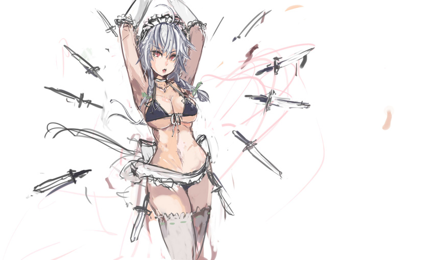 alternate_breast_size apron armpits arms_up braid breasts choker cleavage elbow_gloves front-tie_bikini front-tie_top gloves highres izayoi_sakuya knife large_breasts looking_at_viewer maid_apron maid_headdress navel panties_(pantsu-pirate) red_eyes short_hair silver_hair solo thighhighs touhou twin_braids underboob waist_apron white_gloves white_legwear