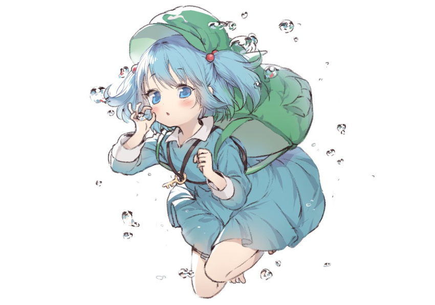 1girl backpack bag bare_legs barefoot blue_dress blue_eyes blue_hair blush bubble cabbie_hat collared_shirt commentary_request dress full_body green_hat hair_bobbles hair_ornament hat kawashiro_nitori key long_sleeves looking_at_viewer medium_hair pocket rakuka shirt simple_background solo strap touhou two_side_up white_background