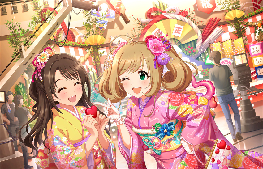 ahoge annindoufu_(oicon) bag bangs blonde_hair blush brown_hair closed_eyes faceless floral_print flower gloves green_eyes hair_flower hair_ornament hand_on_hip heart holding idolmaster idolmaster_cinderella_girls idolmaster_cinderella_girls_starlight_stage japanese_clothes kimono long_hair long_sleeves looking_at_another multiple_girls new_year obi official_art one_eye_closed one_side_up open_mouth pink_kimono sash satou_shin shimamura_uzuki smile twintails white_gloves wide_sleeves yellow_kimono