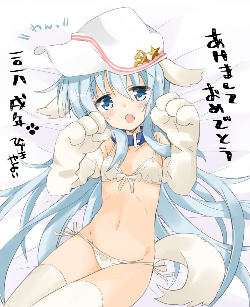 2018 akeome animal_ears bikini blue_eyes chinese_zodiac collar commentary_request cowboy_shot dog_ears dog_tail elbow_gloves flat_cap flat_chest gloves hammer_and_sickle happy_new_year hat hibiki_(kantai_collection) highres hizuki_yayoi kantai_collection long_hair lying new_year paw_gloves paws silver_hair solo swimsuit tail thighhighs translation_request verniy_(kantai_collection) white_bikini white_hat white_legwear year_of_the_dog