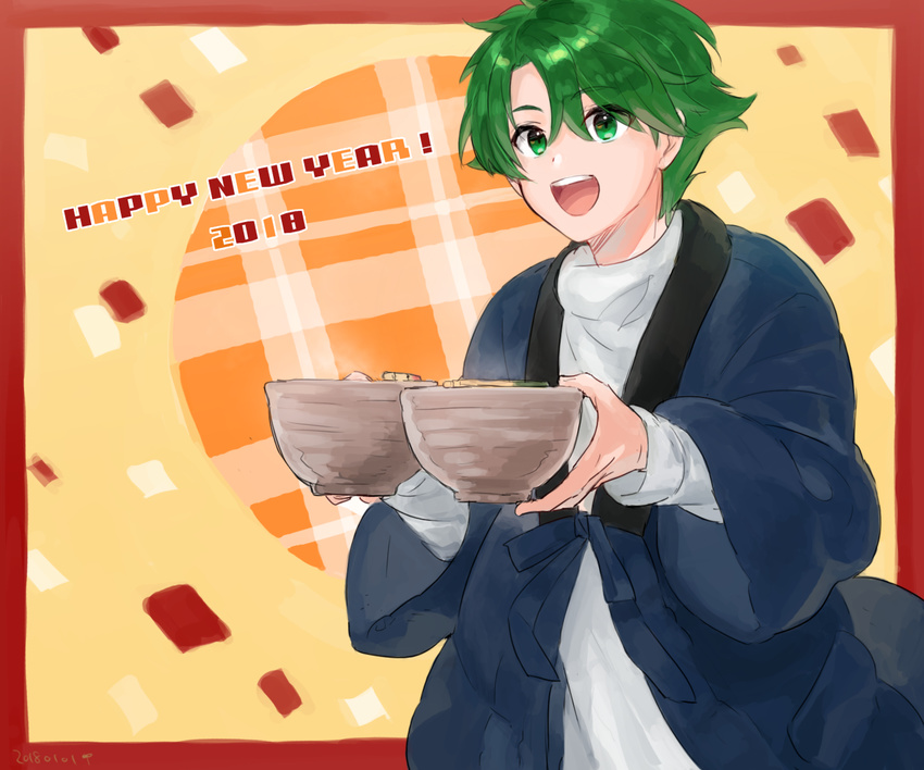 1boy 2018 alm_(fire_emblem) alternate_costume dated fire_emblem fire_emblem_echoes:_mou_hitori_no_eiyuuou food futabaaf green_eyes green_hair happy_new_year highres japanese_clothes male_focus new_year open_mouth solo teeth upper_body