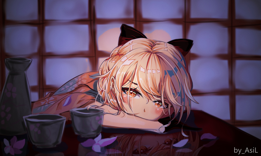 absurdres alternate_costume arms_on_table artist_name asil black_gloves blonde_hair blush bow braid chinese chinese_commentary choker closed_mouth commentary_request cup eyebrows_visible_through_hair eyes_visible_through_hair floral_print flower from_side girls_frontline gloves hair_between_eyes hair_bow hair_ribbon half_gloves head_on_table highres indoors japanese_clothes long_hair looking_at_viewer ots-14_(girls_frontline) petals reflection ribbon smile solo table tearing_up very_long_hair wide_sleeves yellow_eyes