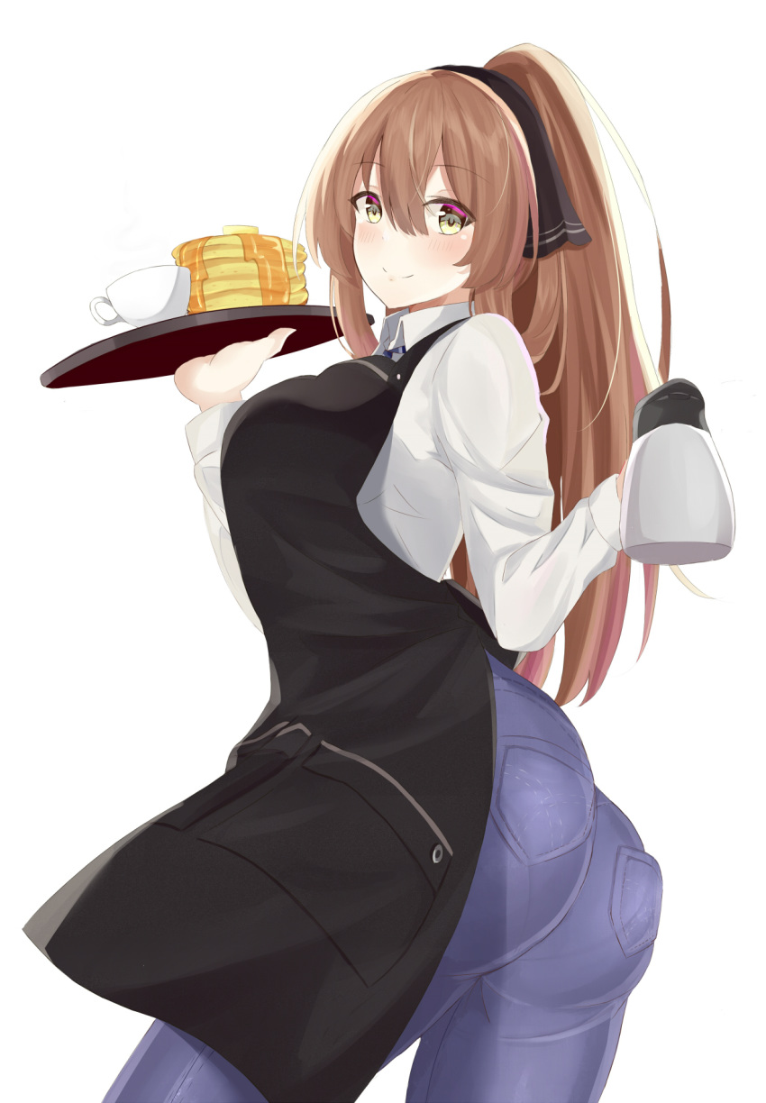 1girl alternate_costume apron artist_request ass blush breasts brown_hair carrying coffee denim food from_below girls_frontline green_eyes jeans kuroonehalf large_breasts long_hair looking_at_viewer looking_down m1903_springfield_(girls_frontline) pancakes pants pantylines ponytail shiny shiny_hair shirt smile solo very_long_hair