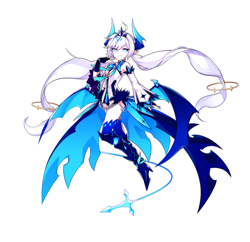 blue_bow blue_eyes blue_footwear blue_legwear blue_wings boots bow bridal_gauntlets detached_sleeves elsword floating full_body horns hwansang knee_boots leotard long_hair looking_at_viewer luciela_r._sourcream noblesse_(elsword) official_art pointy_ears smile solo thighhighs tiara transparent_background twintails very_long_hair white_hair white_leotard wings