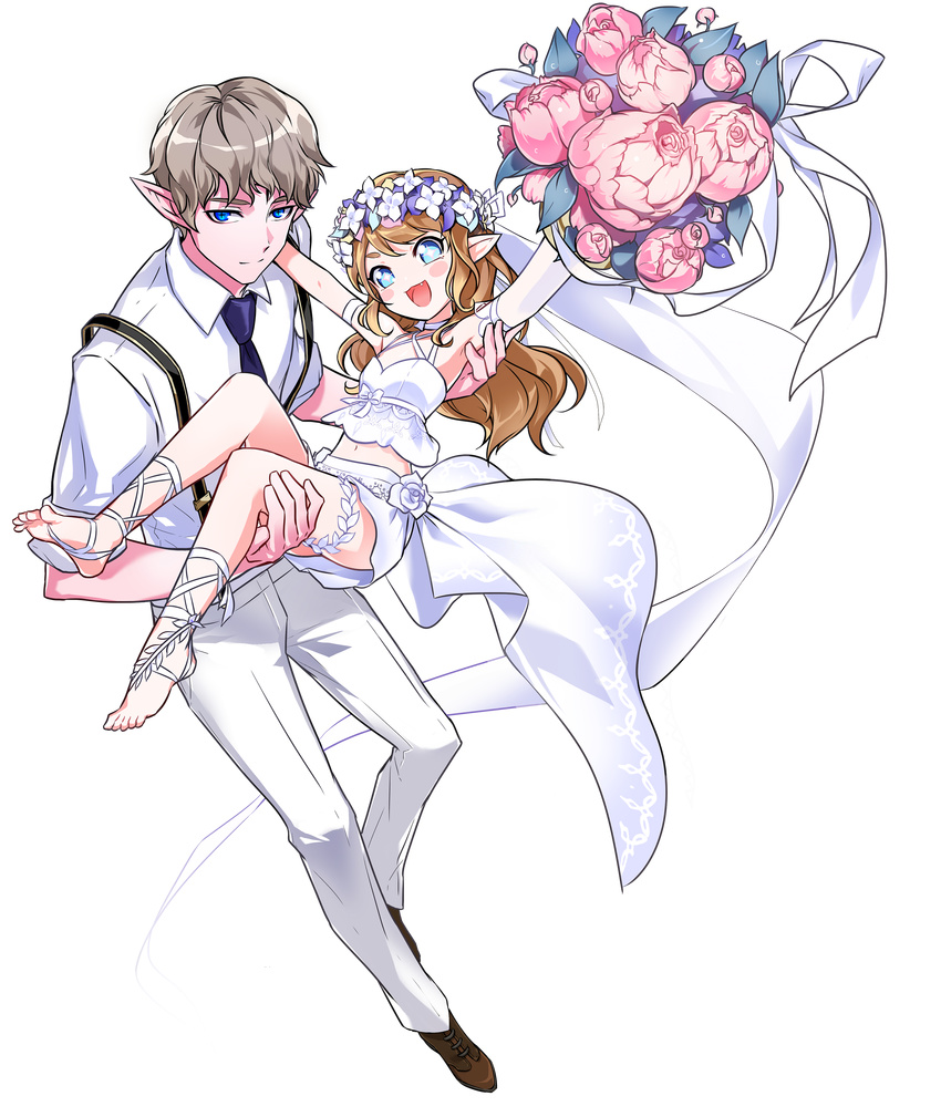 1girl :d absurdres alternate_hair_color bare_legs blonde_hair blue_eyes bouquet bride brown_footwear brown_hair carrying ciel_(elsword) closed_mouth couple crop_top elsword flower formal full_body hair_flower hair_ornament hetero highres holding holding_bouquet hwansang leg_ribbon long_hair looking_at_viewer luciela_r._sourcream official_art open_mouth pants pointy_ears princess_carry ribbon shirt shoes skirt smile suit suspenders transparent_background white_pants white_ribbon white_shirt white_skirt white_suit