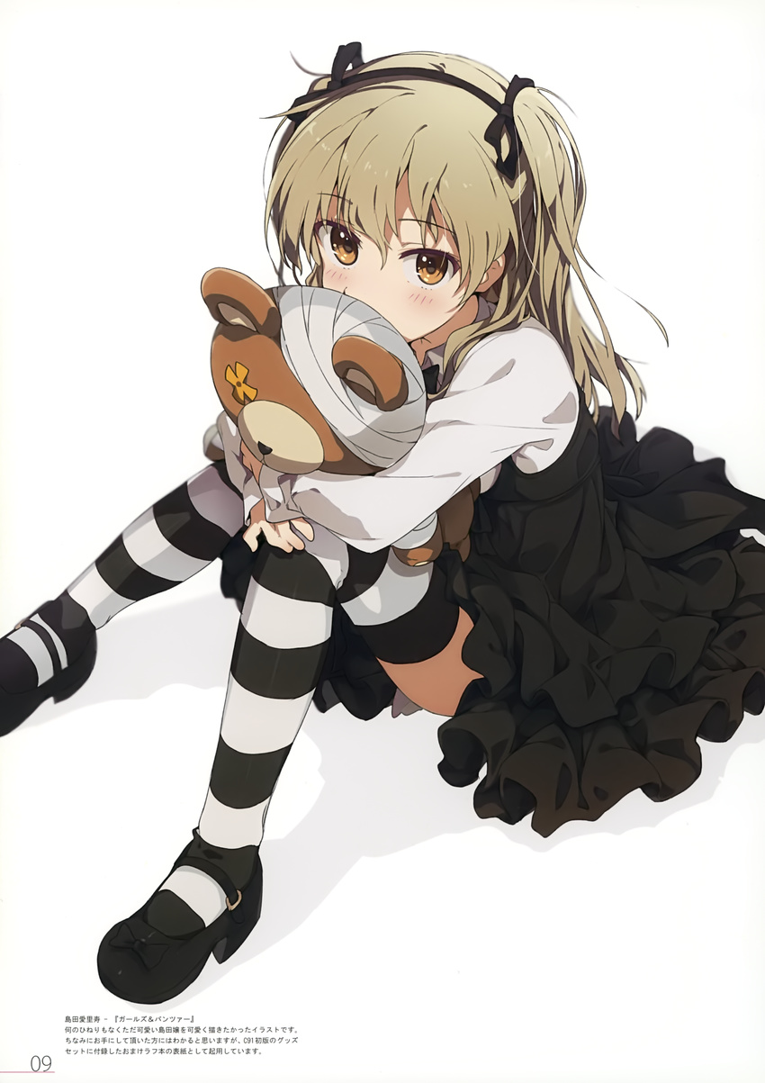 absurdres bandages bangs black_footwear black_legwear black_neckwear black_ribbon black_skirt boko_(girls_und_panzer) bow bowtie brown_eyes casual collared_shirt covered_mouth eyebrows_visible_through_hair full_body girls_und_panzer high-waist_skirt highres holding holding_stuffed_animal hug layered_skirt light_brown_hair long_hair long_sleeves looking_at_viewer mary_janes ogipote ribbon shadow shimada_arisu shirt shoes side_ponytail skirt solo standing striped striped_legwear stuffed_animal stuffed_toy suspender_skirt suspenders teddy_bear thighhighs translation_request white_shirt