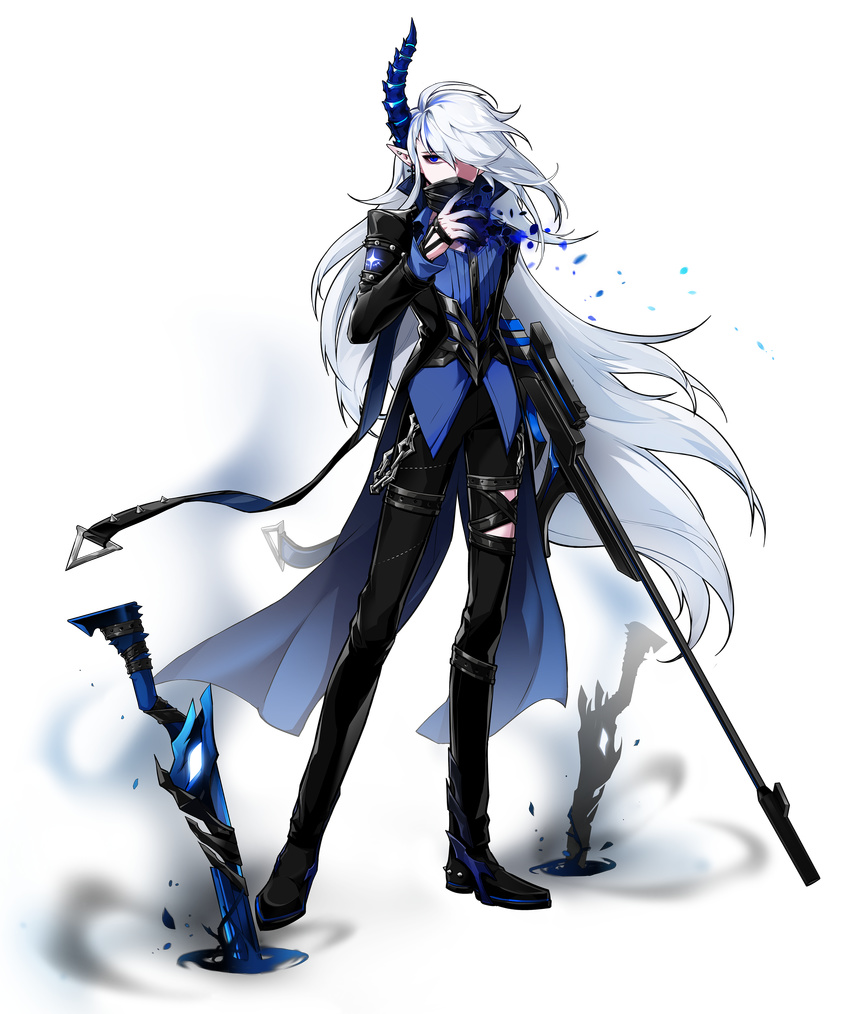 absurdres black_coat black_footwear black_pants blue_eyes blue_shirt buckle chain ciel_(elsword) demonio_(elsword) elsword full_body gun hair_over_one_eye highres holding holding_gun holding_weapon horn hwansang long_hair looking_at_viewer male_focus official_art pants pointy_ears rifle shirt shoes solo standing transparent_background weapon white_hair