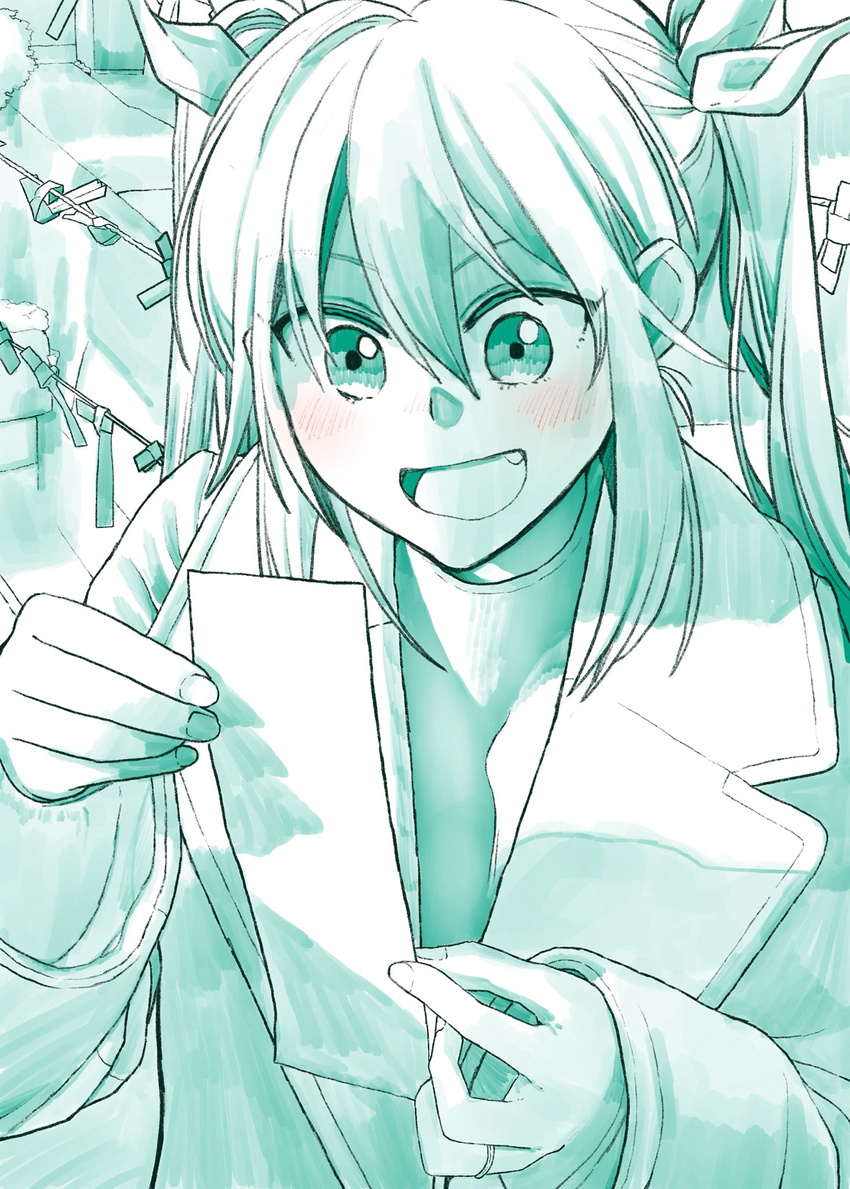 :d blush bow commentary_request eyebrows_visible_through_hair fang fingernails green hair_between_eyes hair_bow happy highres holding jacket jewelry kantai_collection long_sleeves looking_down monochrome new_year omikuji open_clothes open_jacket open_mouth outdoors ring smile solo spot_color tone_(kantai_collection) two_side_up wedding_band yami_(m31)