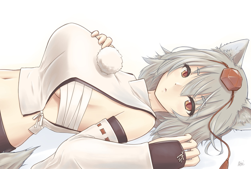 aki_akane animal_ears breasts detached_sleeves eyebrows_visible_through_hair grey_hair hand_on_own_chest hat highres inubashiri_momiji large_breasts looking_at_viewer lying navel on_back pom_pom_(clothes) red_eyes ribbon-trimmed_sleeves ribbon_trim sarashi sideboob solo tokin_hat touhou white_background wolf_ears