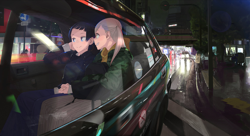 2girls after_hours city_lights cityscape commentary_request earrings highres holding_hands hood hooded_jacket jacket jewelry long_jacket multiple_girls short_hair skyline taxi yuri