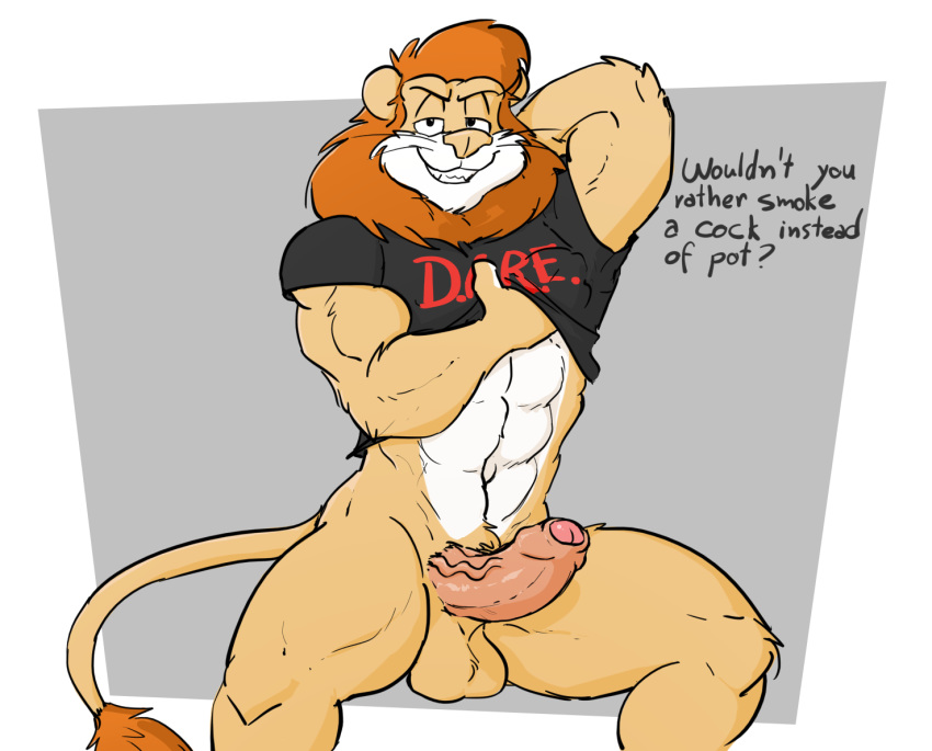 2016 abs anthro artbyyellowdog balls biceps bottomless brown_mane clothed clothing d.a.r.e. daren dialogue digital_media_(artwork) english_text erection felid fur hair humanoid_penis lion looking_at_viewer male mammal muscular muscular_male navel pantherine penis smile solo text uncut